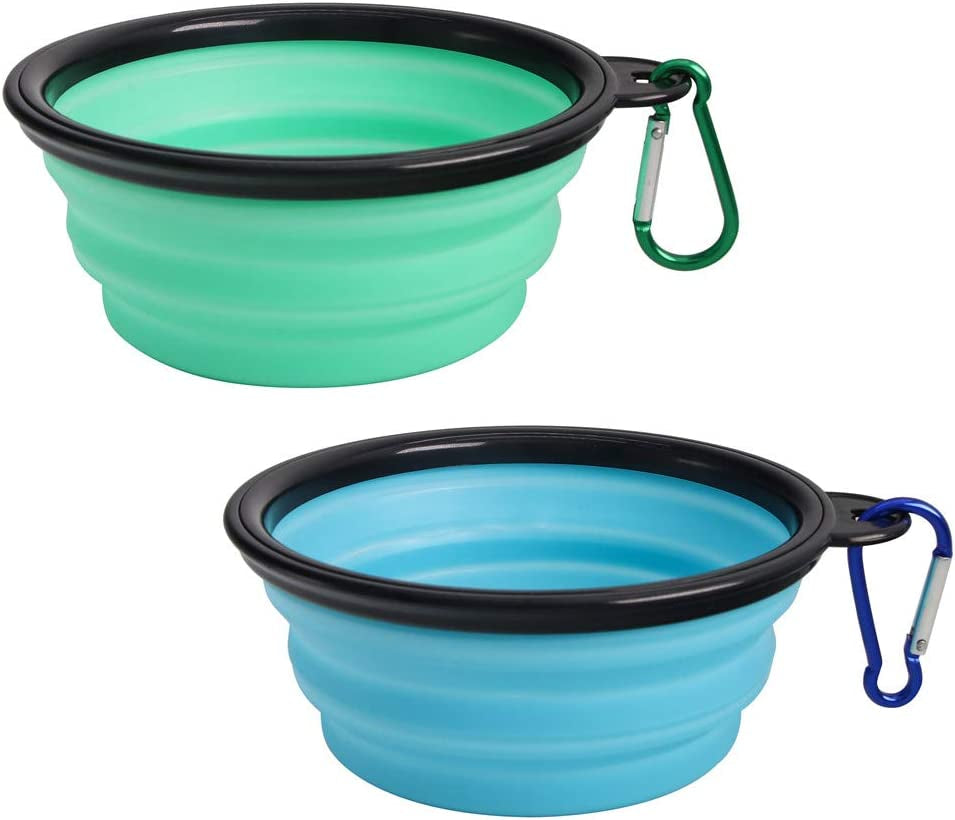 Collapsible Pet Bowl Dog Bowls 2 Pack, Portable Silicone Pet Feeder, Foldable Expandable for Dog/Cat Food Water Feeding, Travel Bowl for Camping (Light Blue+Light Green)