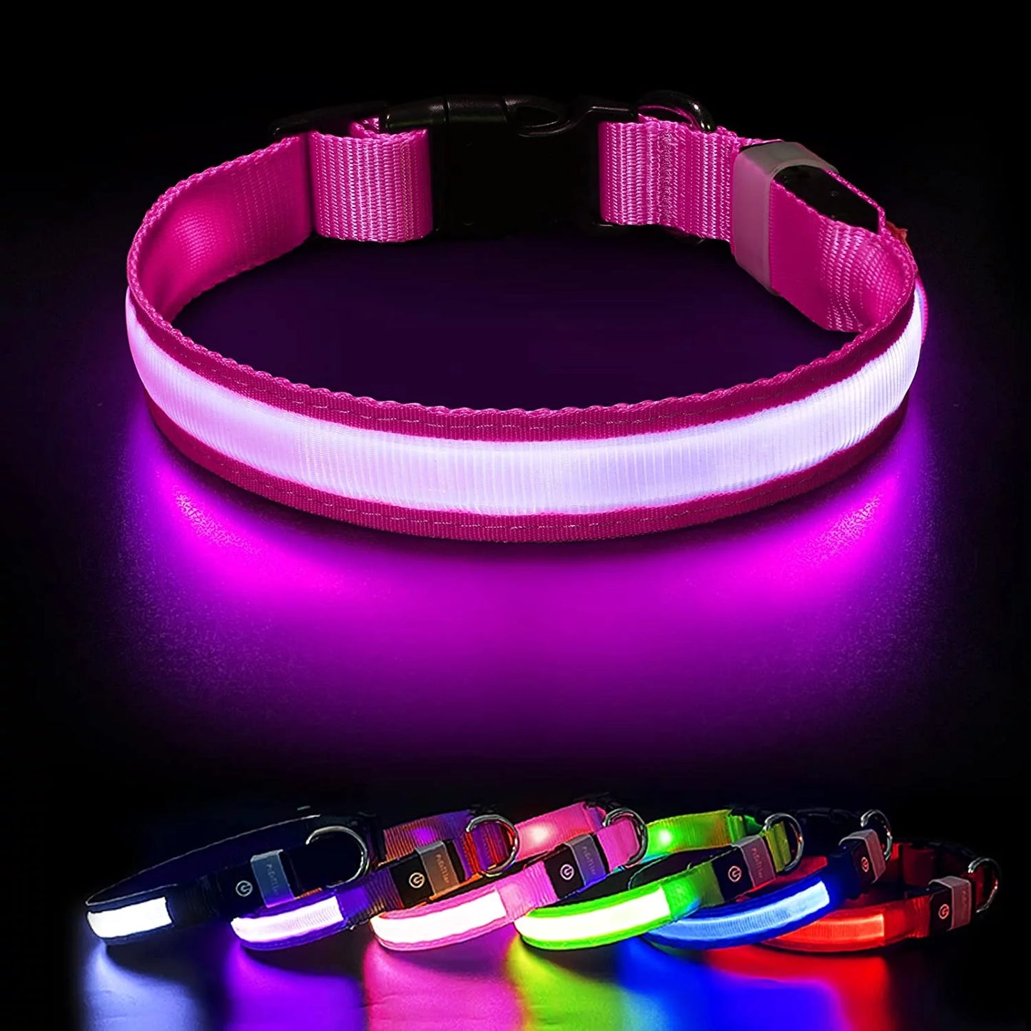 Light up LED Dog Collar, Waterproof Rechargeable for Night Walking RGB Colorful Adjustable Safety Dog Collar for Medium Dogs (Pink)